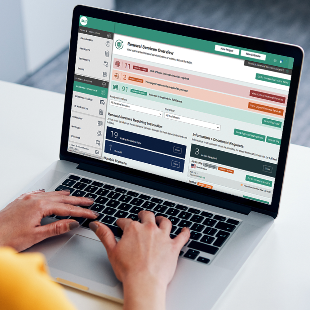Laptop screen with Sun IP’s renewal service overview launched in 2023 for global patent maintenance.
