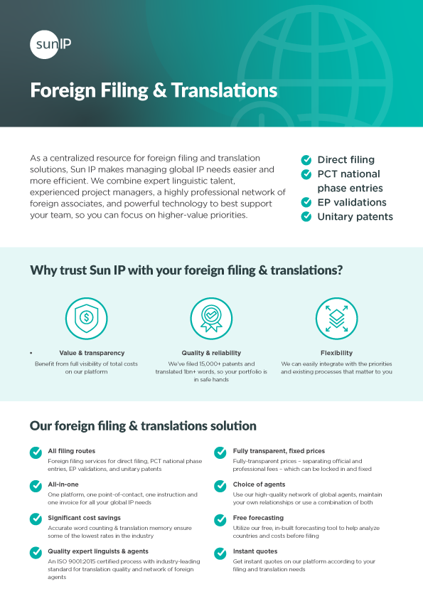 Form showing Sun IP’s foreign patent filing for managing international IP submissions.