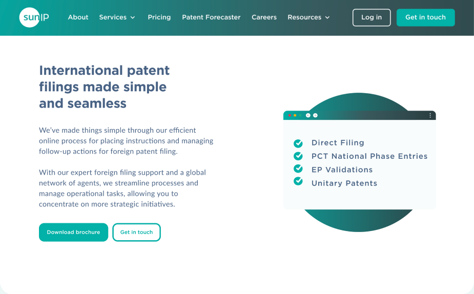 Sun IP’s Foreign Patent Filing service for direct filings, PCT national phase entries, EP validations, and unitary patents.