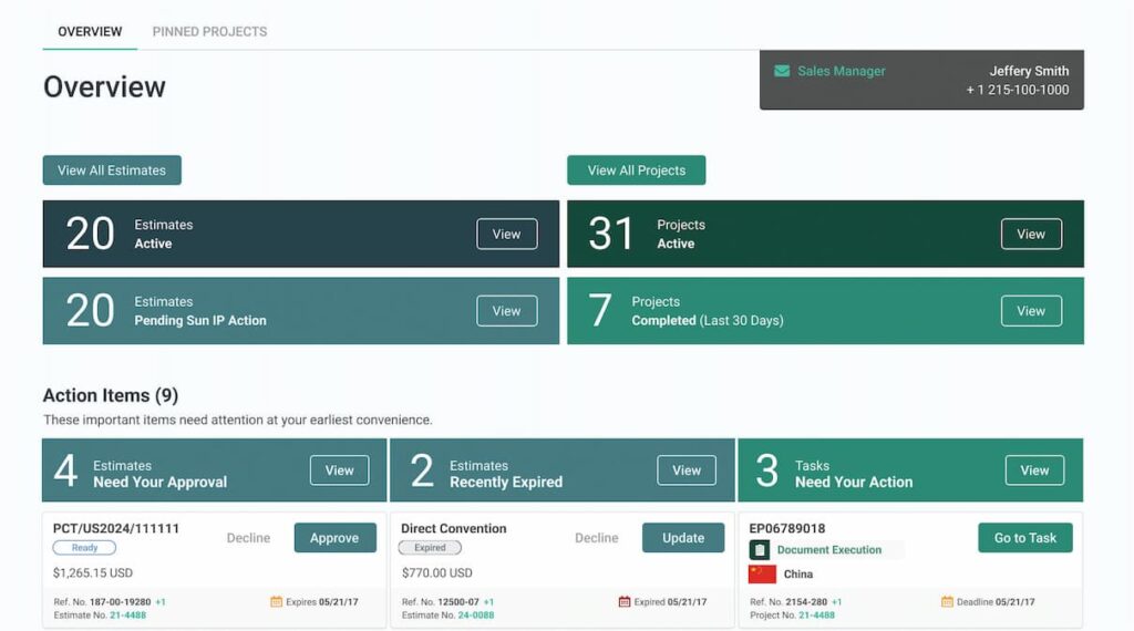 Dashboard view of Sun IP platform for foreign patent filing, showing all projects and estimates.