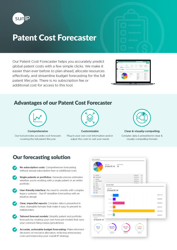 Form highlighting Sun IP’s Patent Cost Forecaster tool and its country-specific cost forecasting features.
