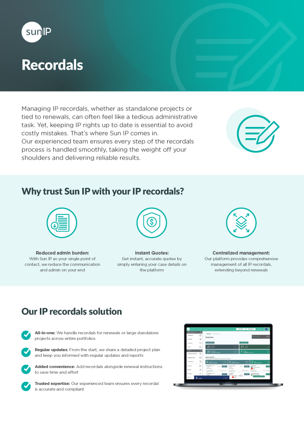 Form detailing Sun IP’s IP recordal services for managing global ownership updates and record changes.