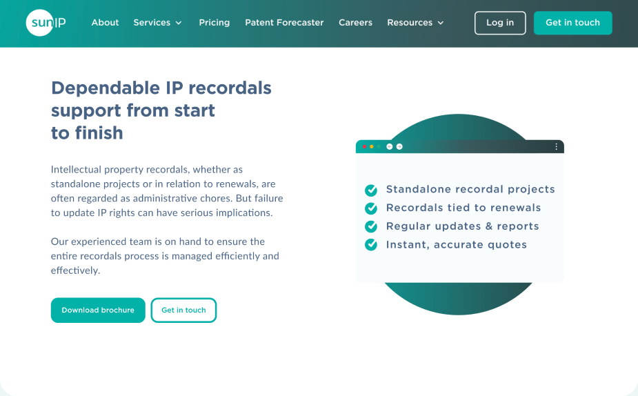Sun IP’s website section highlighting global IP recordal services.
