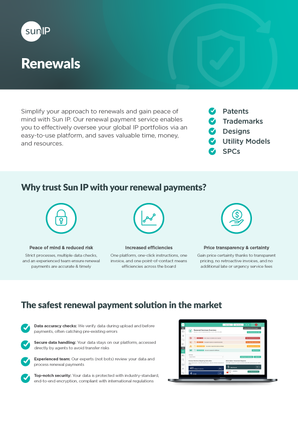 Details on Sun IP’s comprehensive IP renewals solutions for global patent and trademark protection.