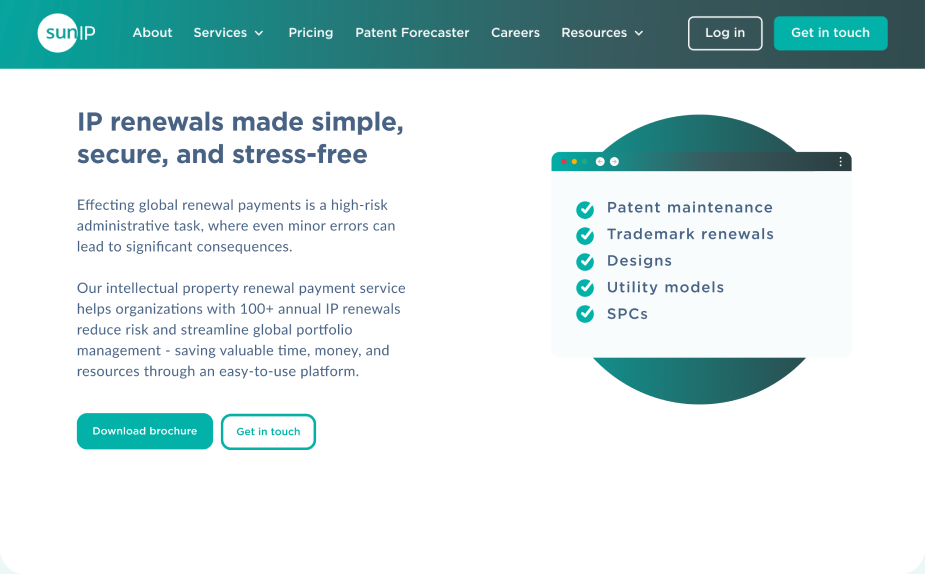 Sun IP website view displaying comprehensive IP renewal services for multiple IPR types with transparent, on-time payments.
