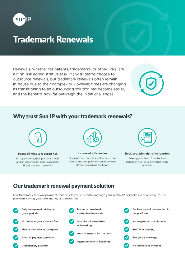 Form detailing Sun IP’s trademark renewal services for managing global trademark maintenance and renewals.