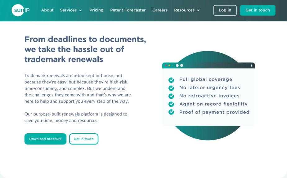 Sun IP platform page describing trademark renewal management and support services.