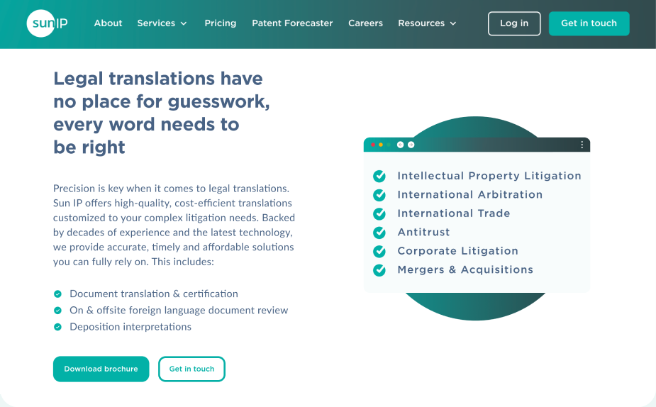 Sun IP's platform text displaying specialized, cost-effective translations for legal documents and proceedings.