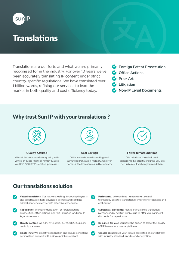 Form detailing Sun IP’s IP translation services for managing international patent and legal submissions.