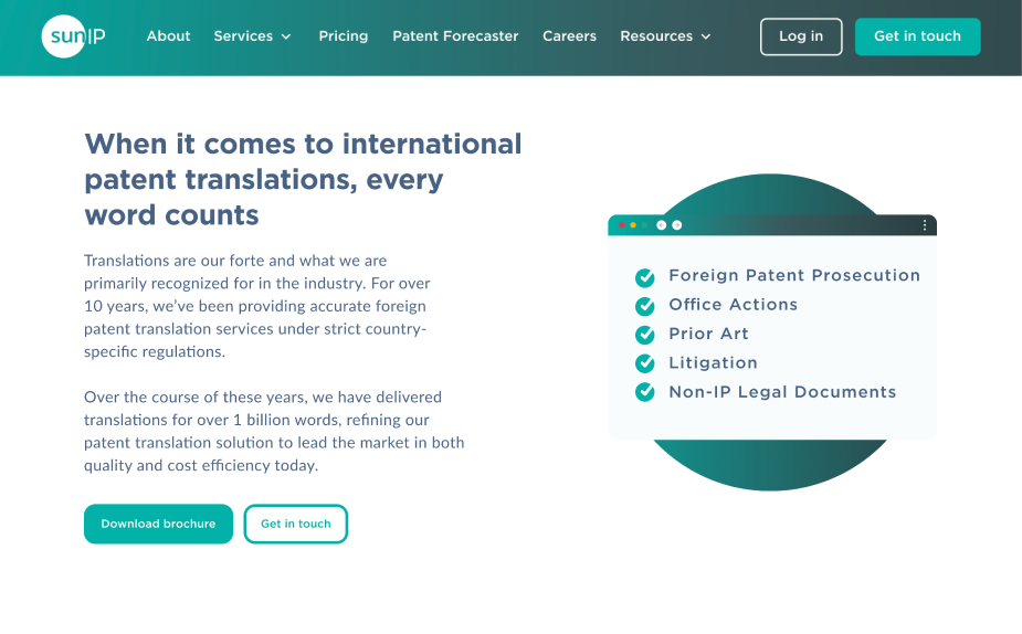 Visual of Sun IP's platform highlighting trusted IP translations for patents, legal documents, and office actions.