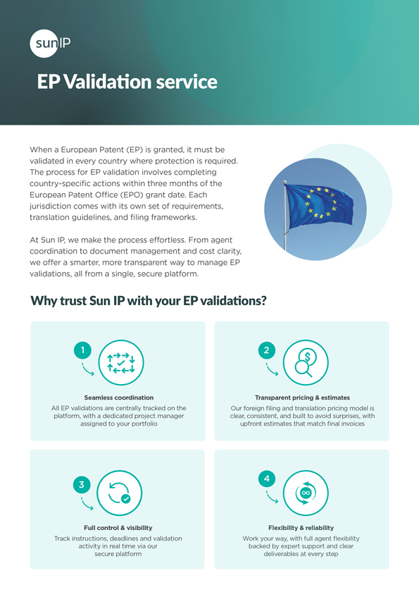 Interface highlighting Sun IP’s EP Validation service for streamlined European patent management.